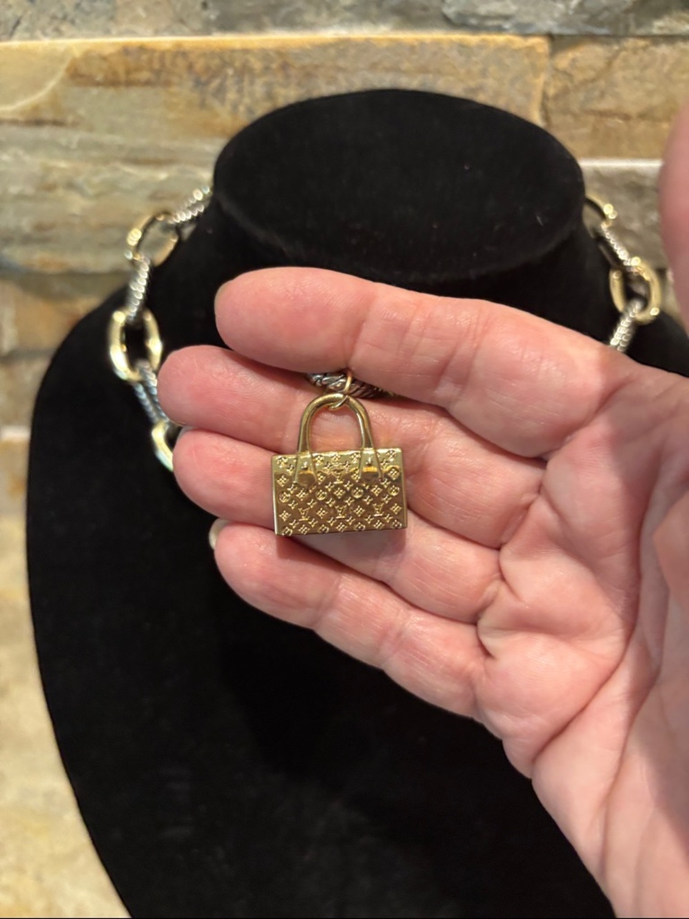 Gold & Silver Two-Tone chunky Chain Necklace with LV purse Charm - Picture 3 of 6
